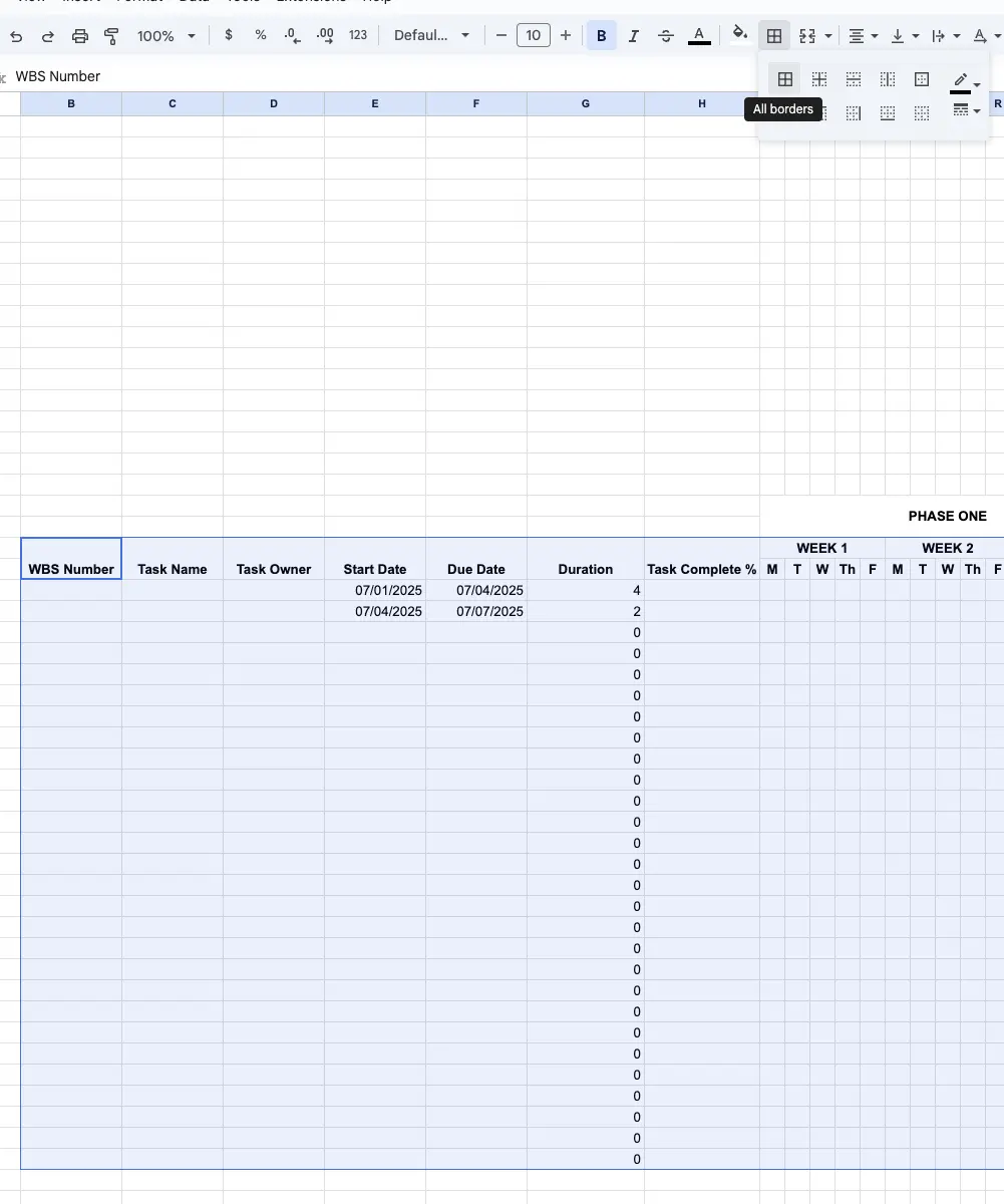 Adding borders to a Gantt chart being created in Google Sheets