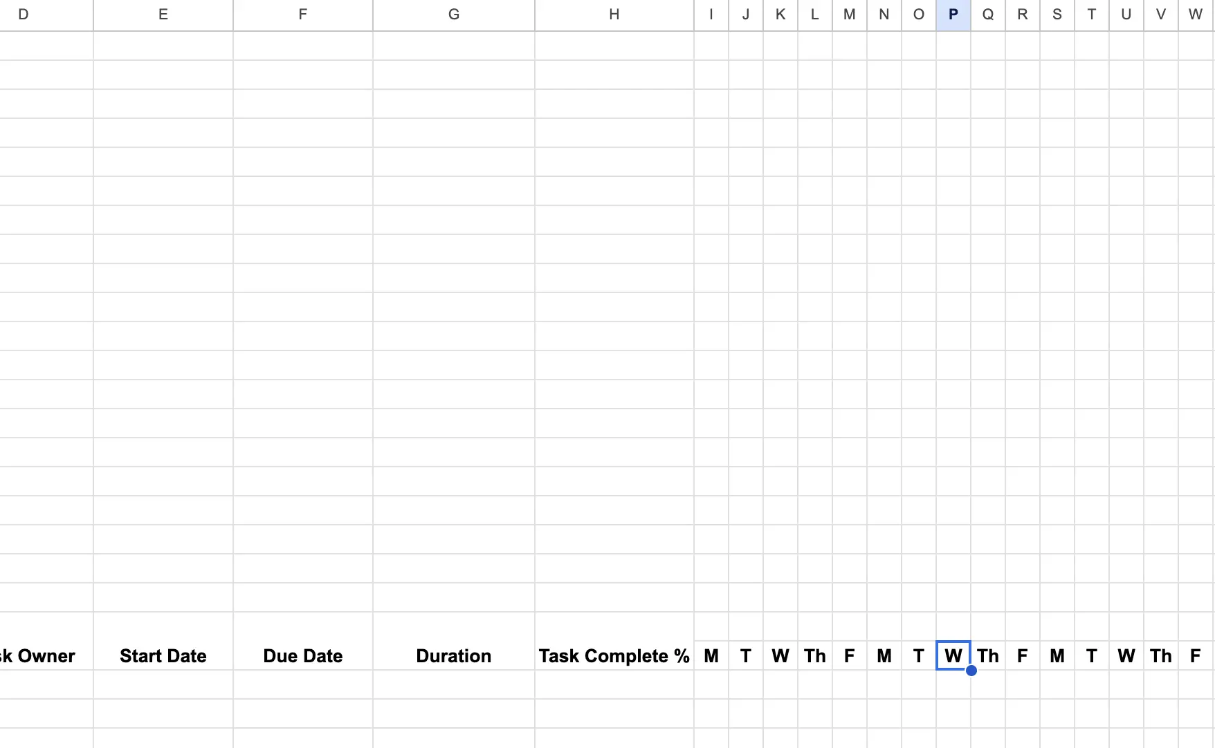 Adding days of the week to a Google Sheets Gantt chart as part of the Gantt chart setup.