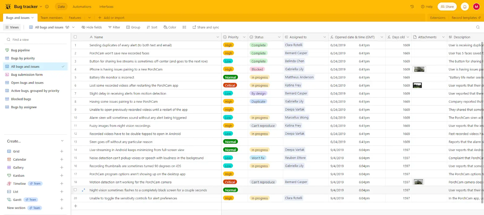 An example of an Airtable table, used as a bug tracker