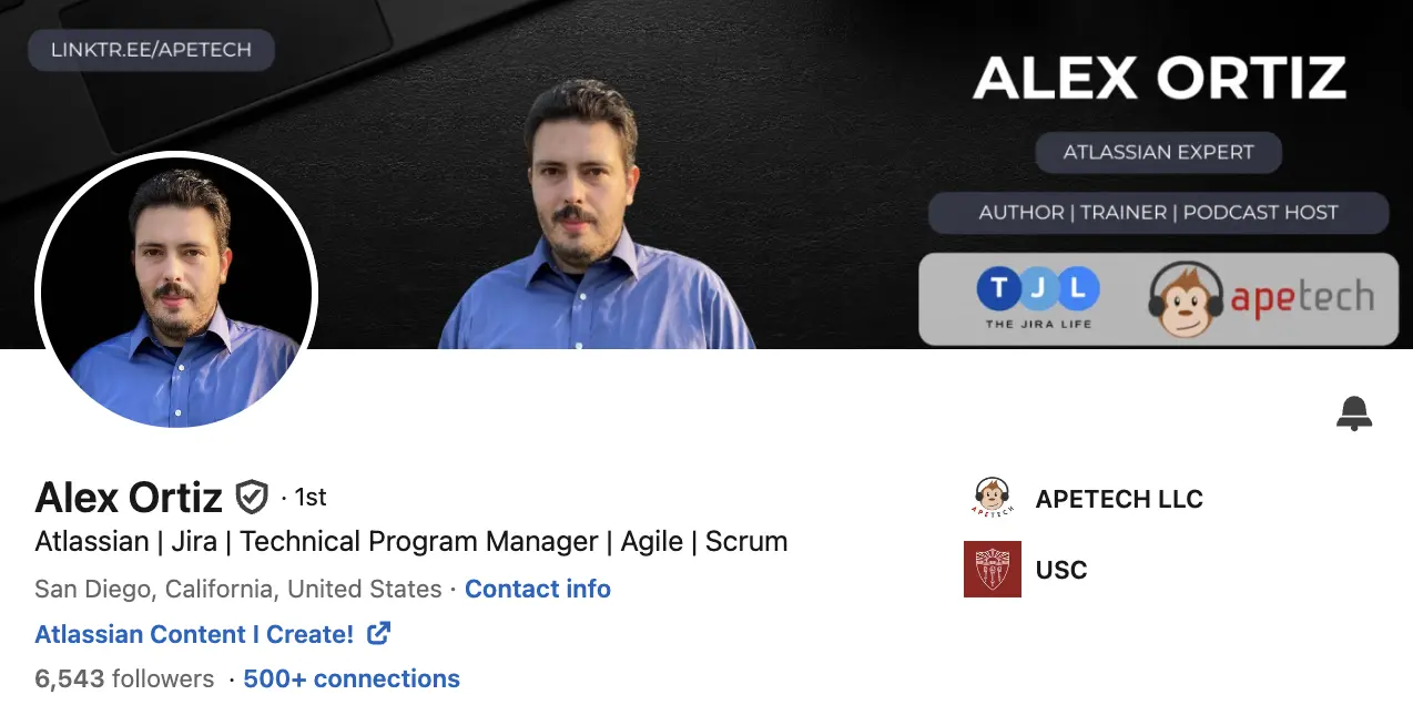 linkedin profile of alex ortiz, project manager influencer