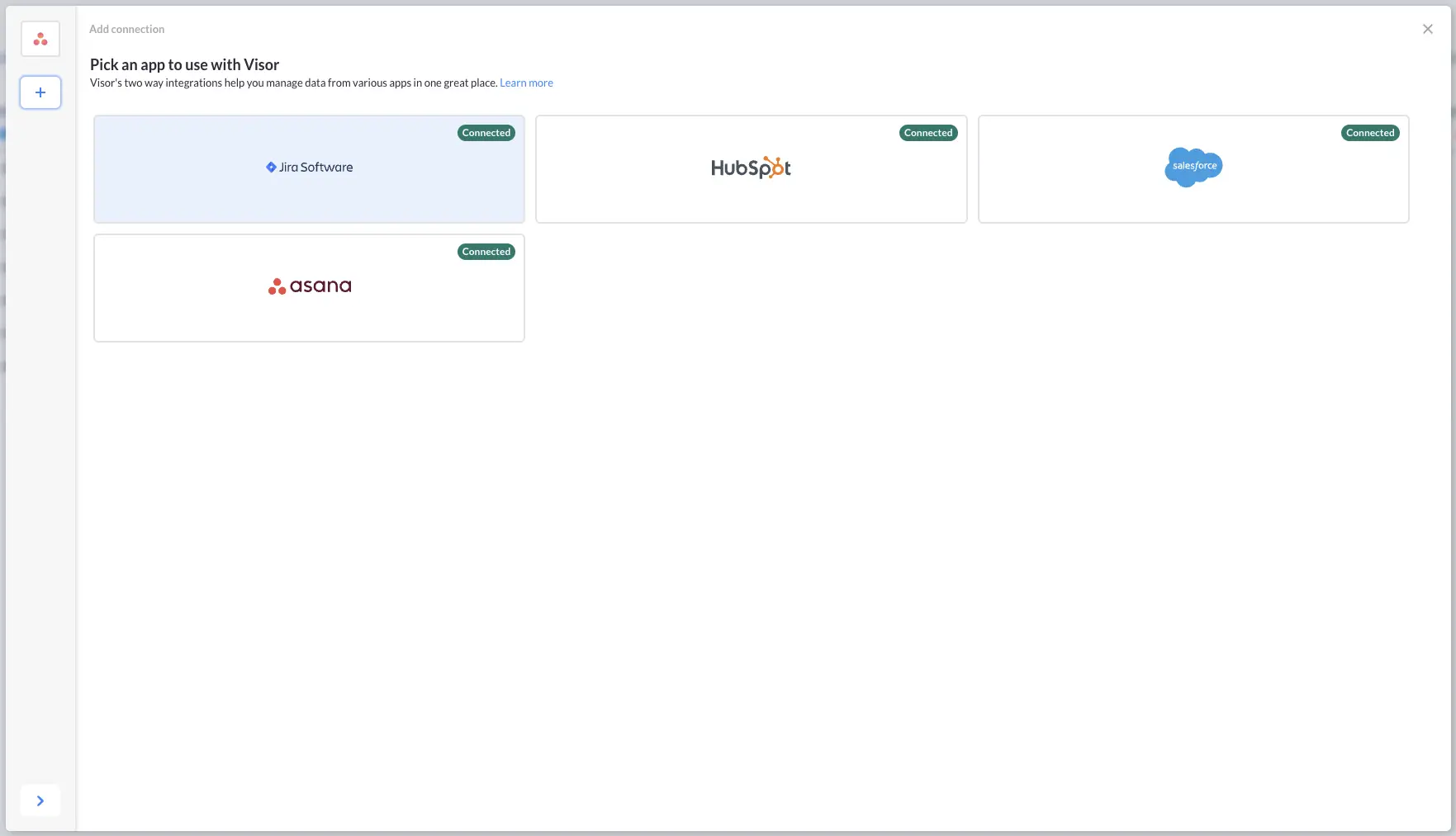 Shows the screen in Visor where users pick apps they want to integrate with. Apps shown are Jira, Asana, Salesforce, and Hubspot