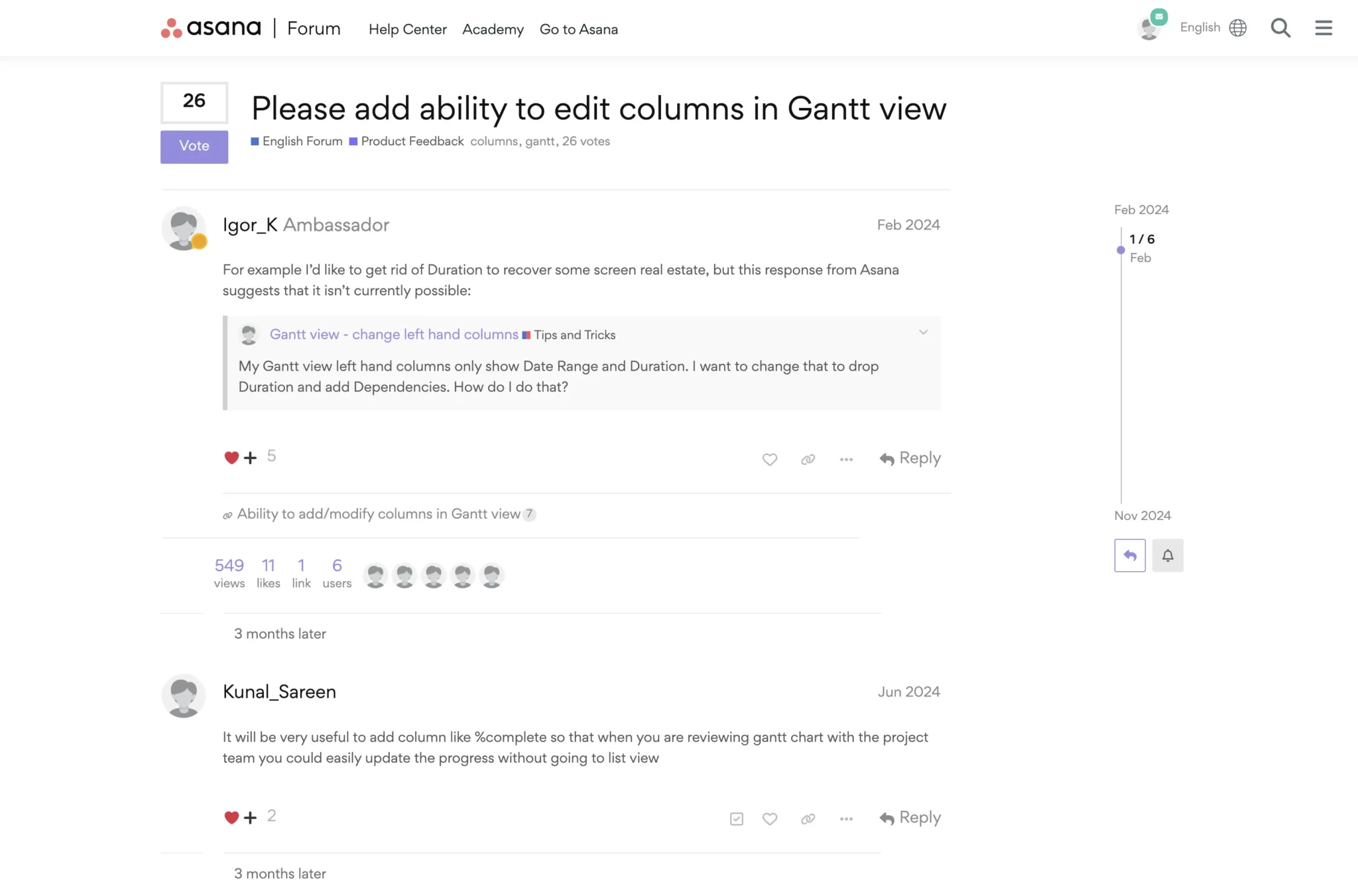 Asana forum post, where a user is requesting functionality to change or add columns. in Asana Gantt charts.