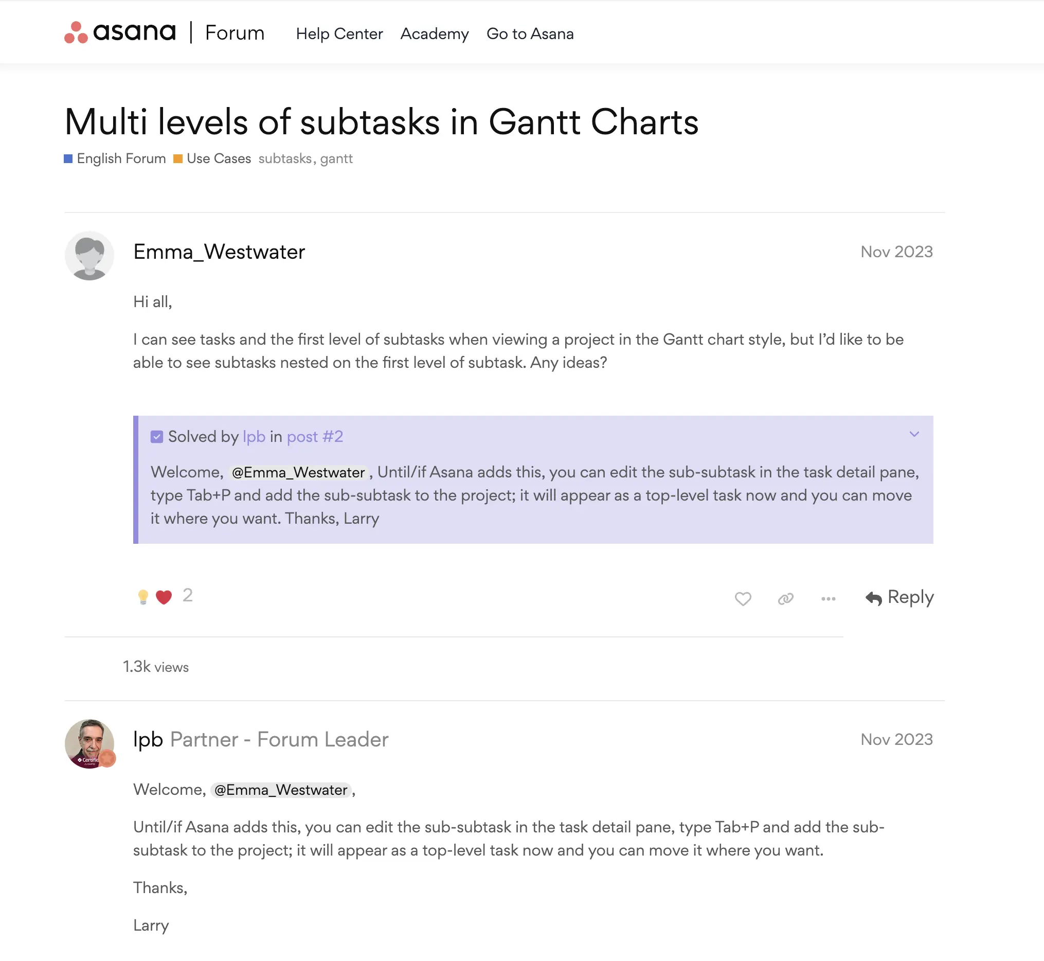 Screenshot of a post in the Asana forums from a user asking for the ability to visualize subtasks of subtasks on Gantt charts in Asana