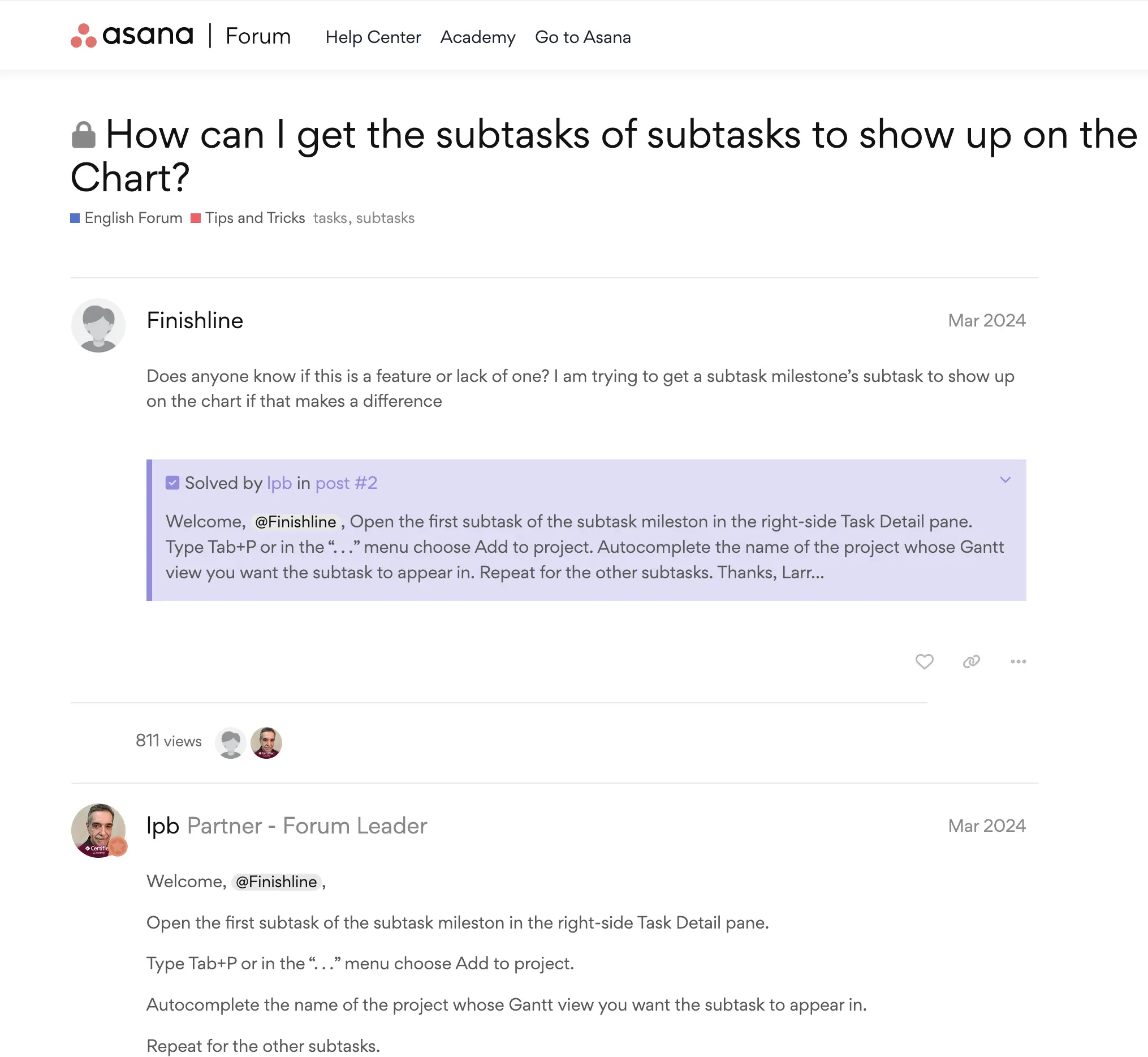 Asana forum post, where a user is requesting subtasks of tasks to be shown on Asana Gantt charts