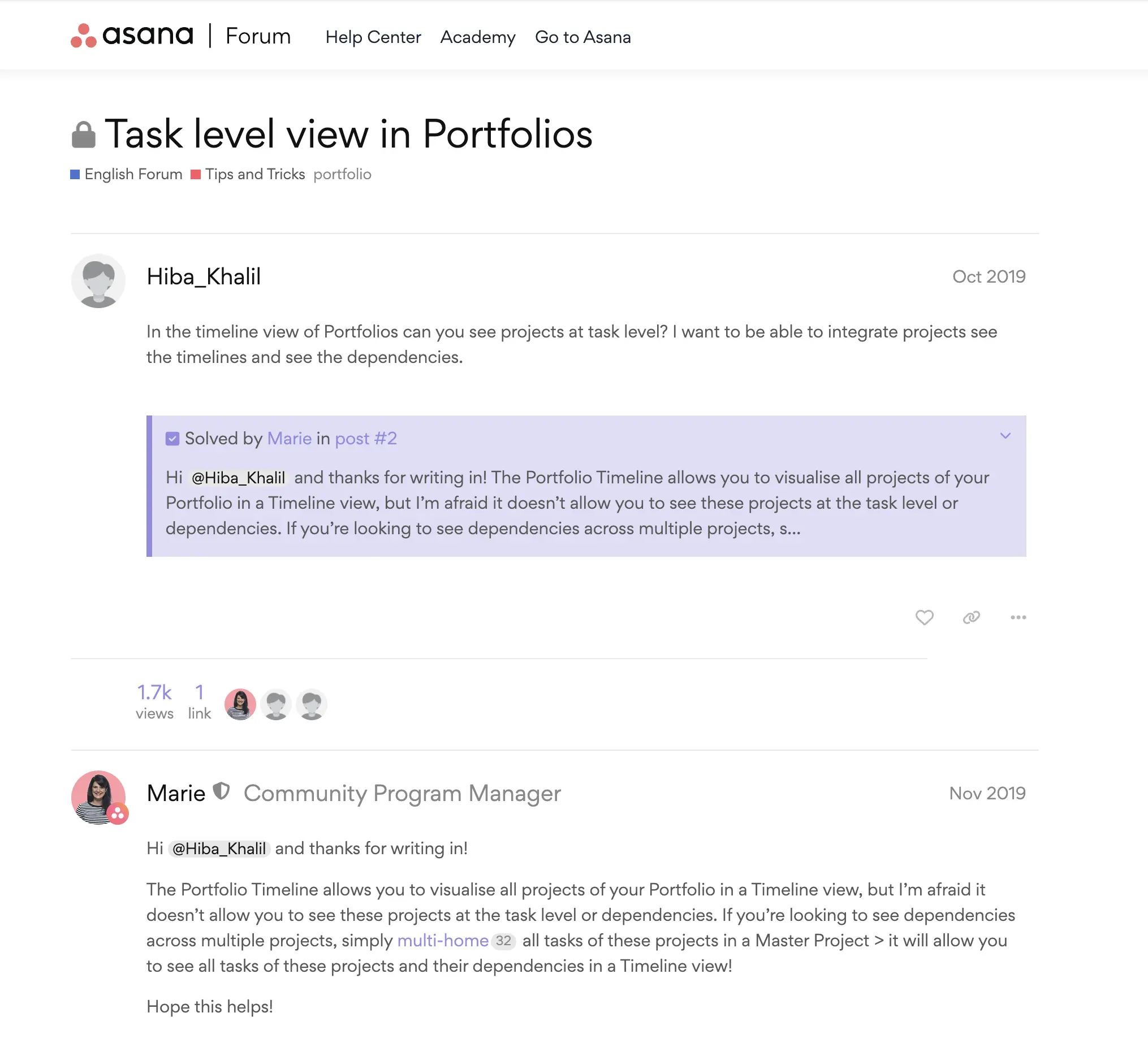 Asana forum post, where a user is asking for a portfolio Gantt chart in Asana