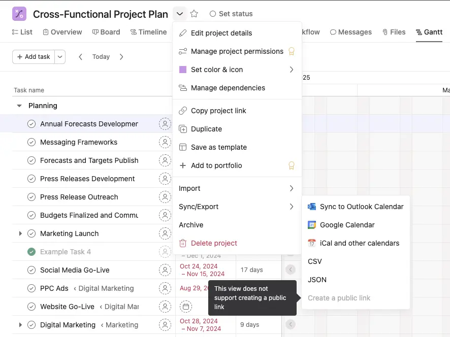 Screenshot showing the export options for Asana's native Gantt chart view