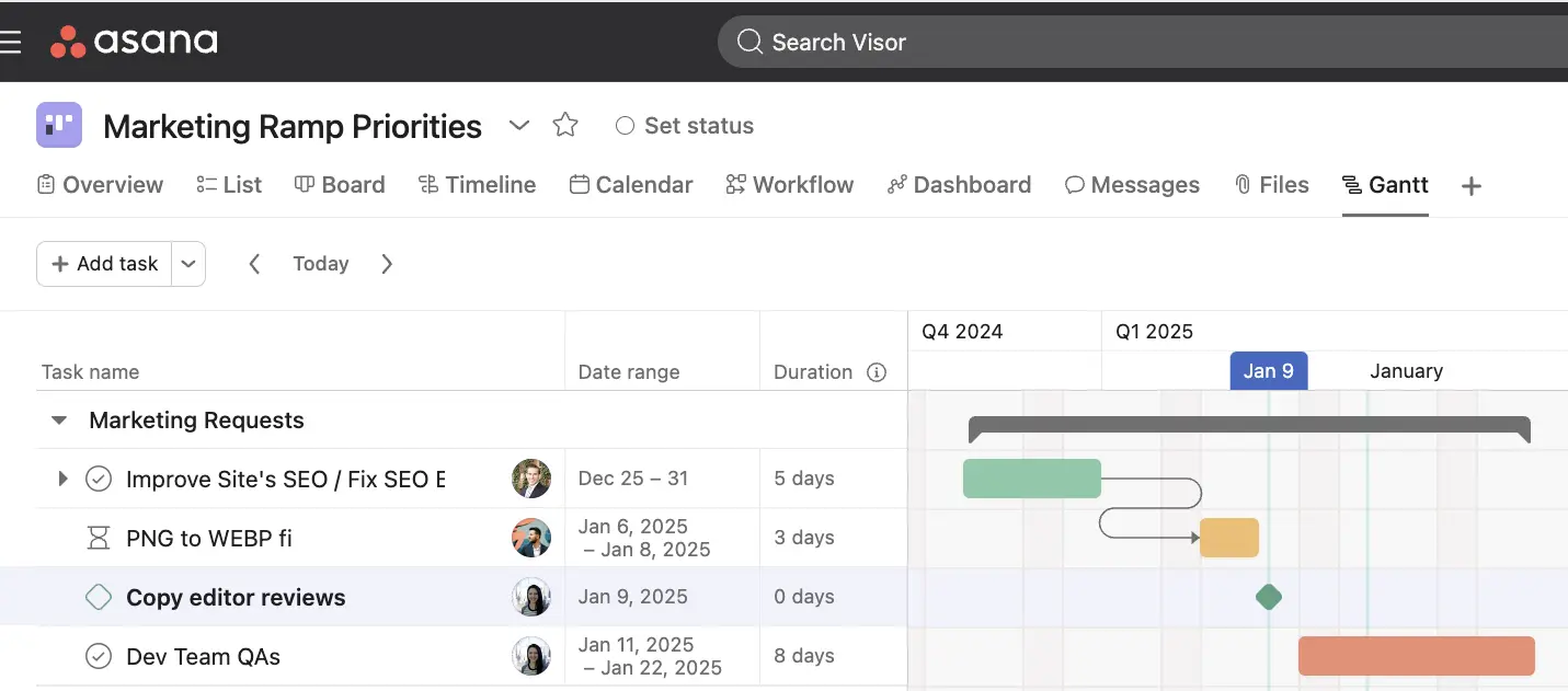 asana milestone in a gantt chart made in asana. milestones are diamonds.