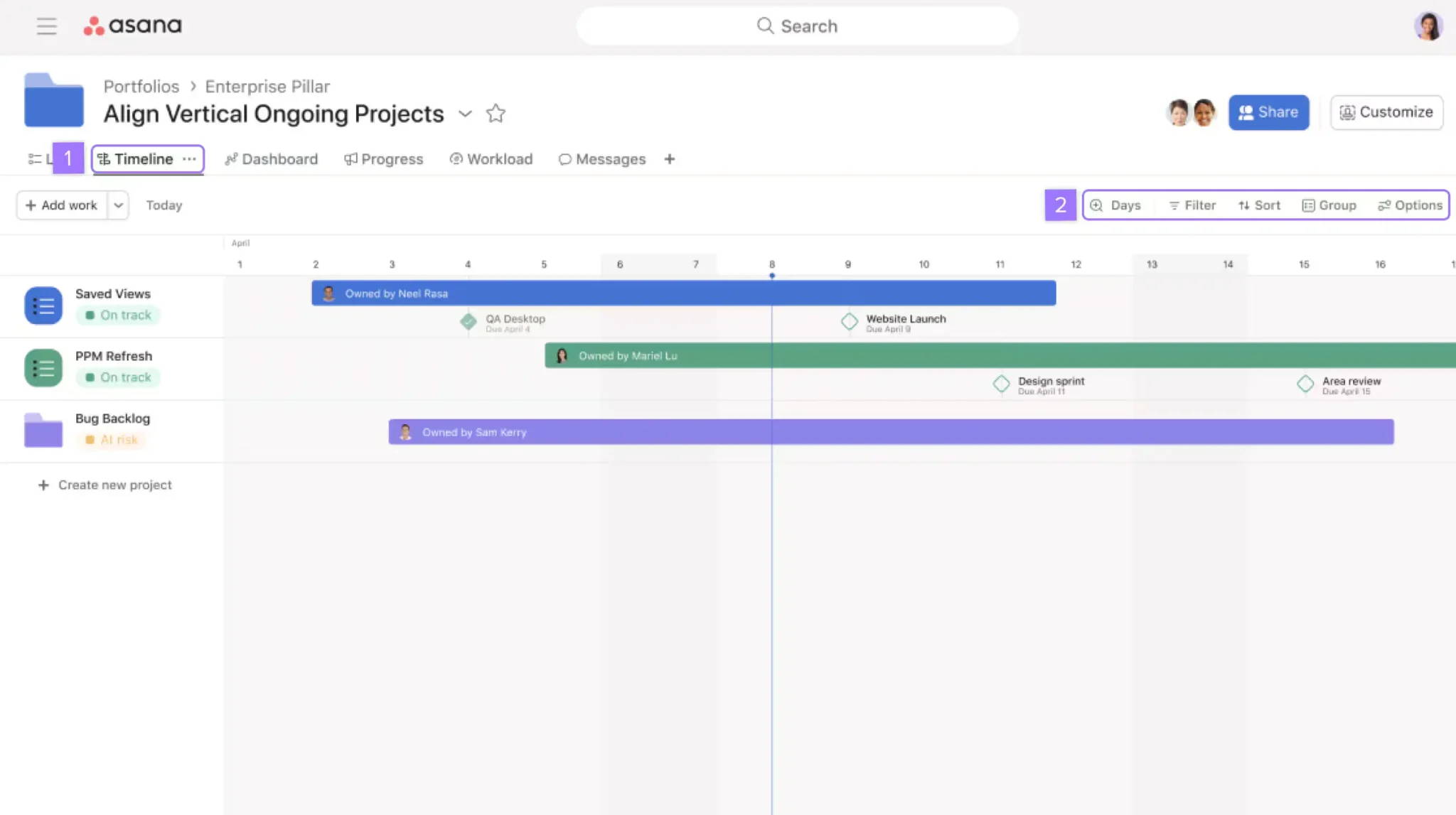 A portfolio timeline in Asana