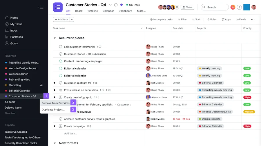 Example of a customer stories board in Asana 