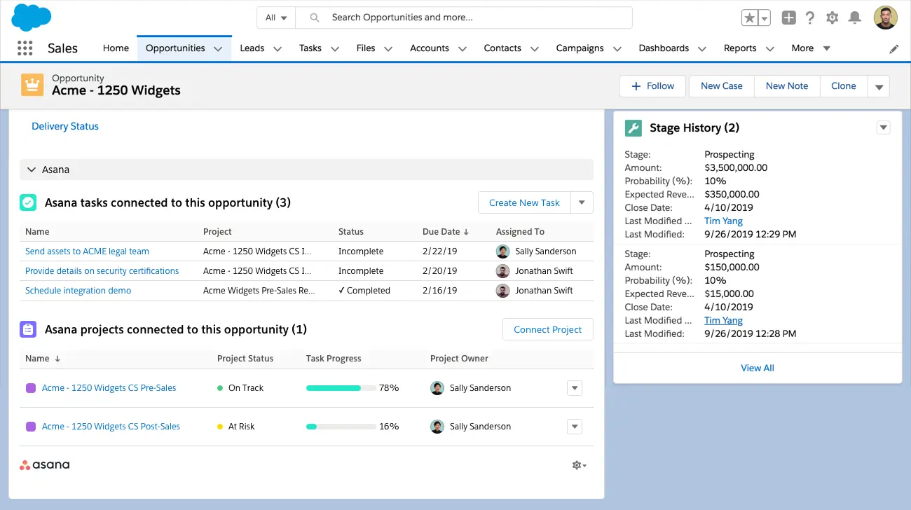 Example of an Asana and Salesforce integration, showing Asana tasks in Salesforce.