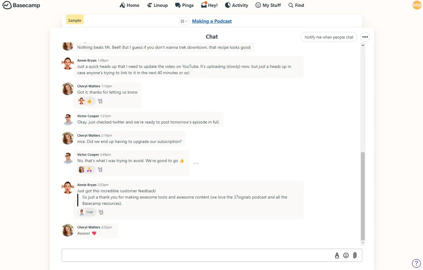 Example of a chat window in Basecamp