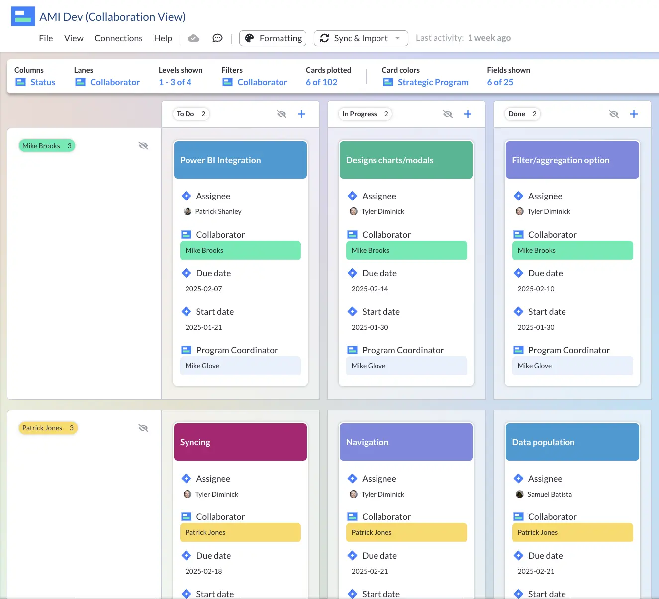 A Board View in Visor for a Jira project, with Collaborator and Program Coordinator fields.