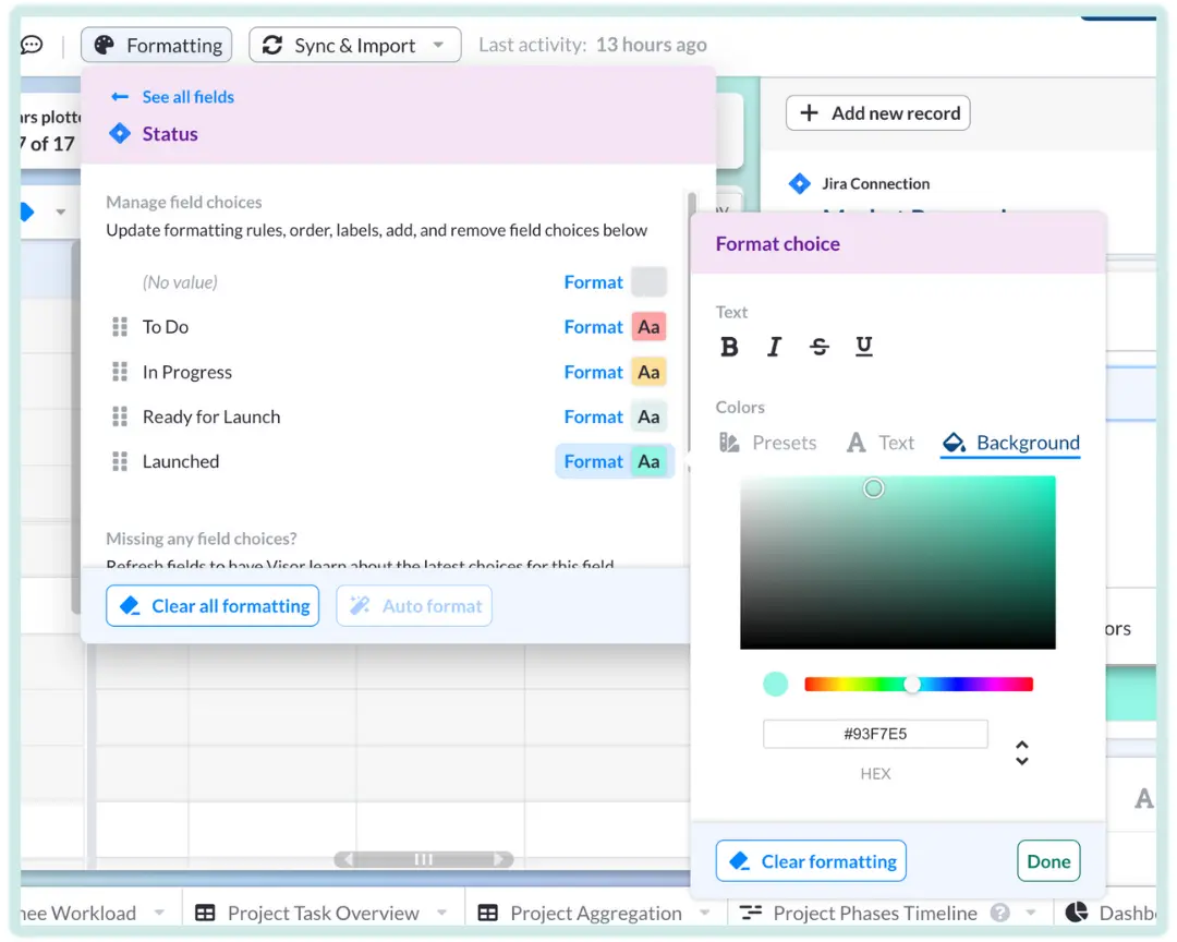 The color formatting options panel in a template in Visor, using the AI Smart Template technology.