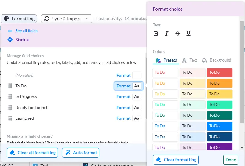 Color coding formatting menu in Visor's spreadsheet view.