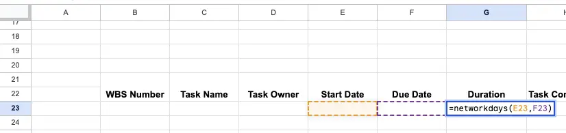 Adding a duration calculation to a Google Sheets Gantt chart.