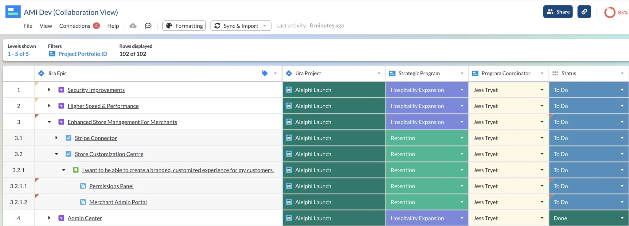 Nested epics, features, user stories, tasks, and subtasks, from Jira in a Visor table view.