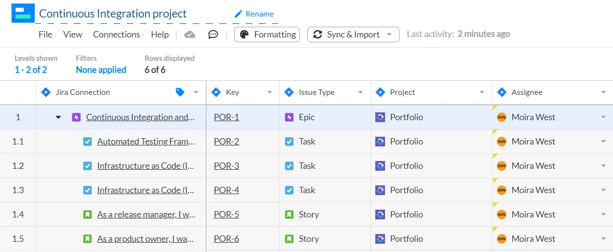 Simple Visor view showing epics, tasks, and user stories from Jira. 