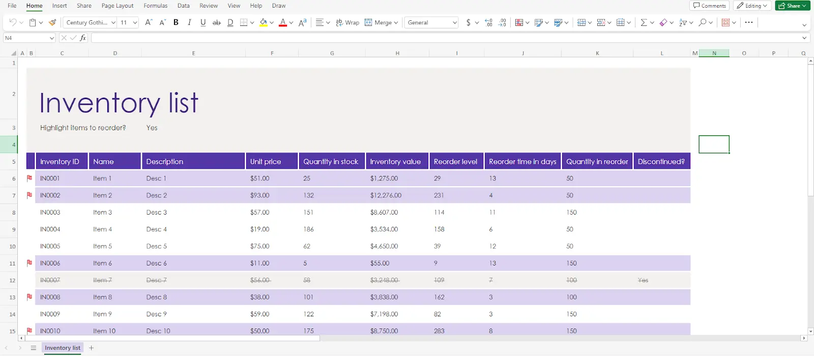 An example of an Excel Online spreadsheet