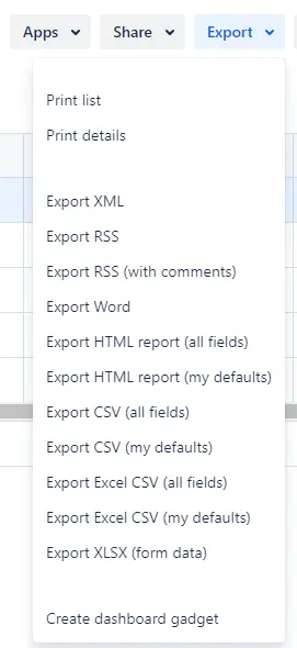 Export options in Jira