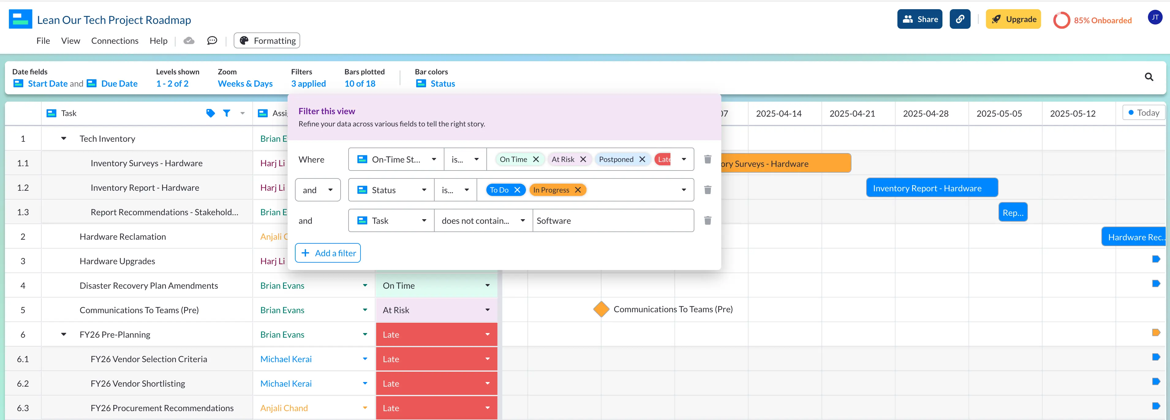 Filtering a project roadmap in Visor to display specific information for certain stakeholders