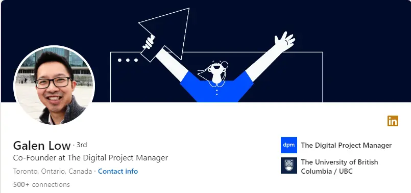 linkedin profile of galen low, project manager influencer