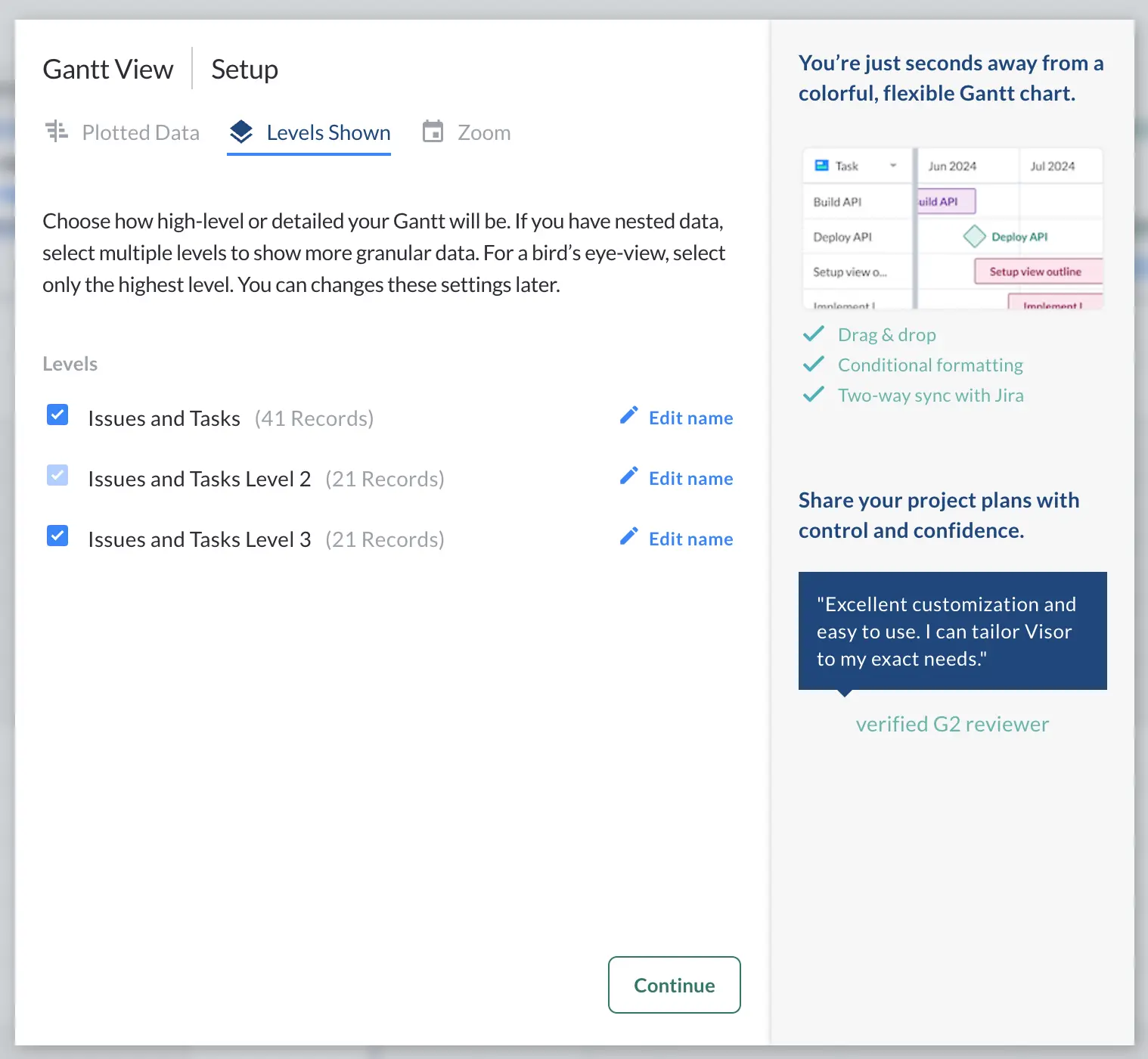 Screen shown in Visor where users select what levels of task to show on their Gantt chart, which can include multiple projects.