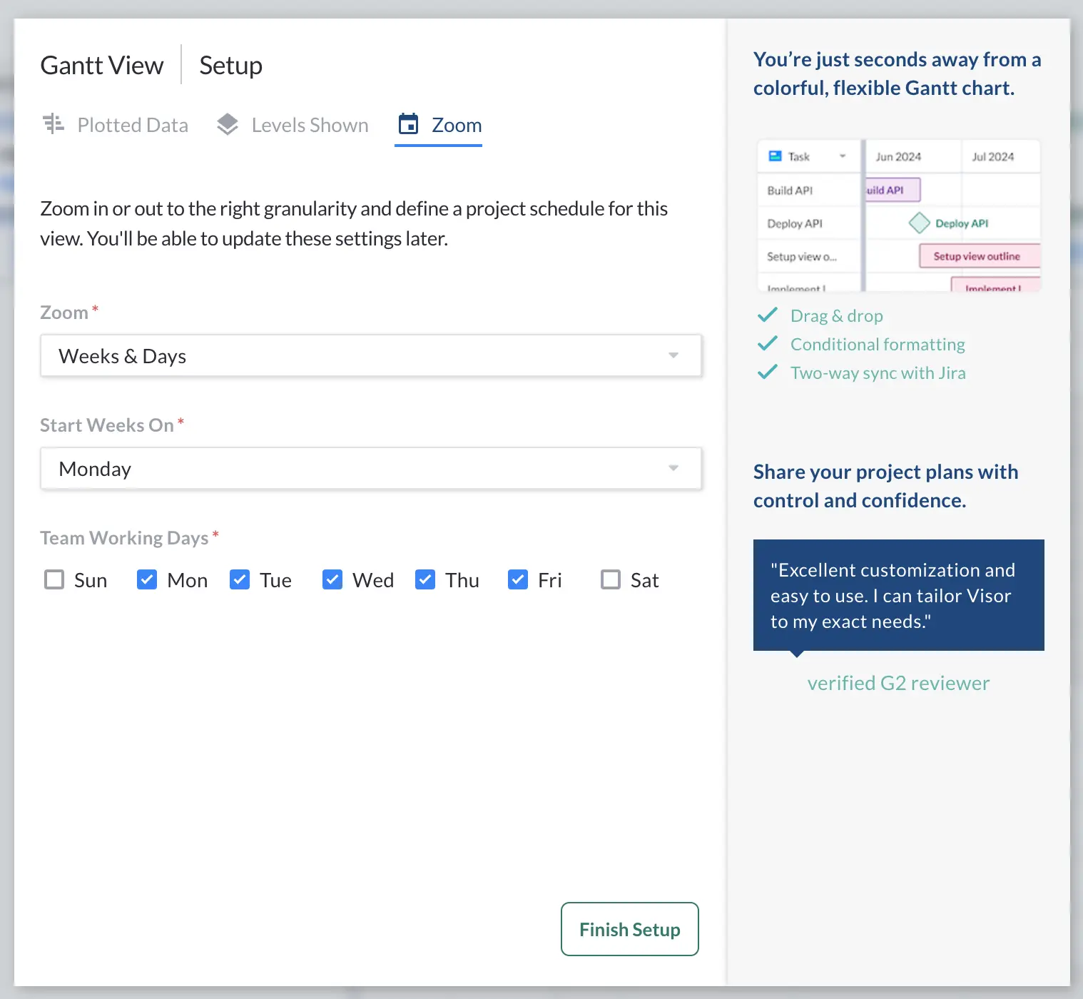 Gantt chart setup screen in Visor, showing the step where users choose the Zoom or timescale they want to show their Gantt chart in