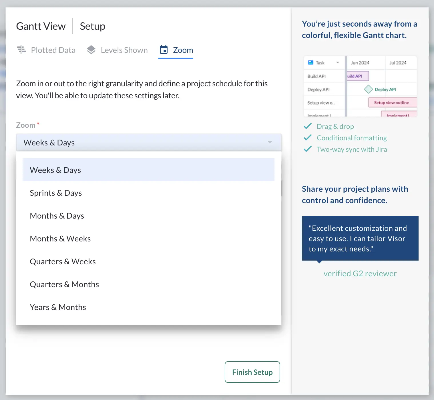 The zoom levels selection screen in a Visor Gantt chart setup, with the Zoom options dropdown shown