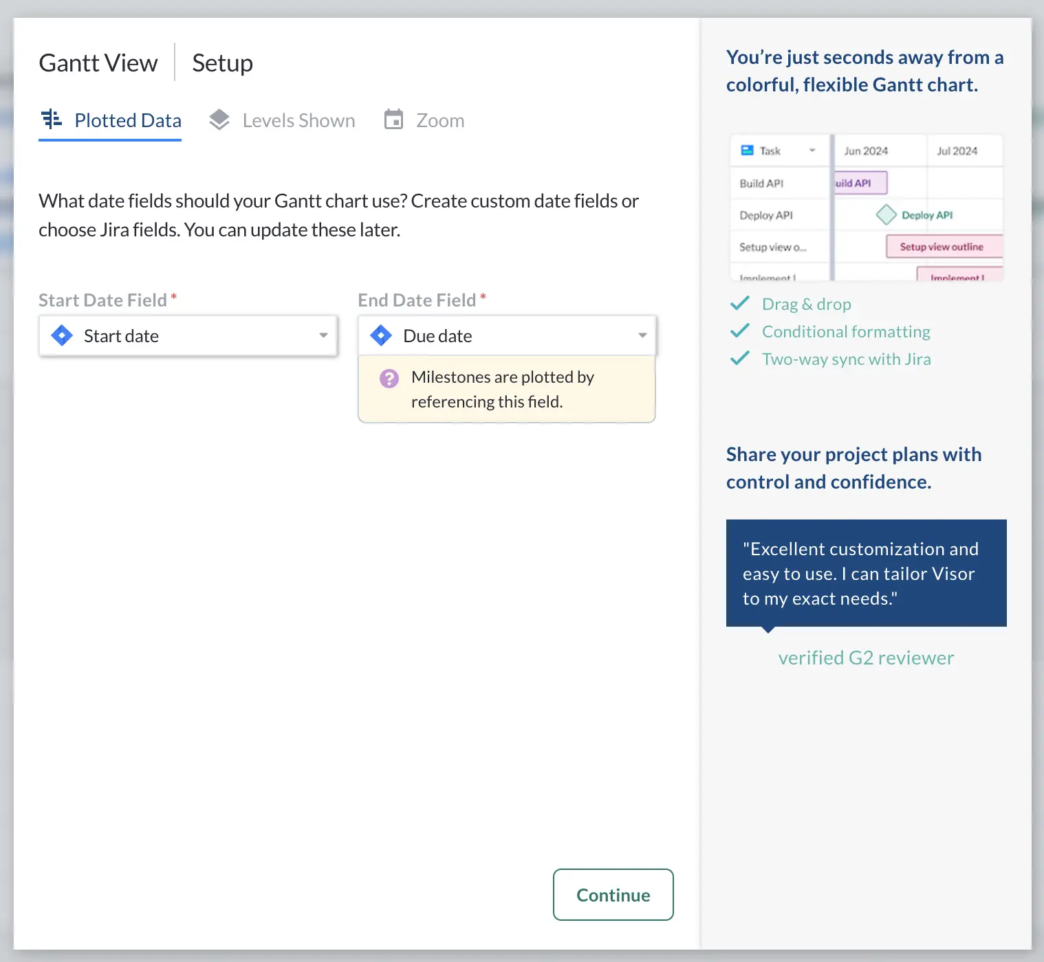 The date field selection window in Visor, where users choose which fields should be used to set start and end dates on a Gantt chart.