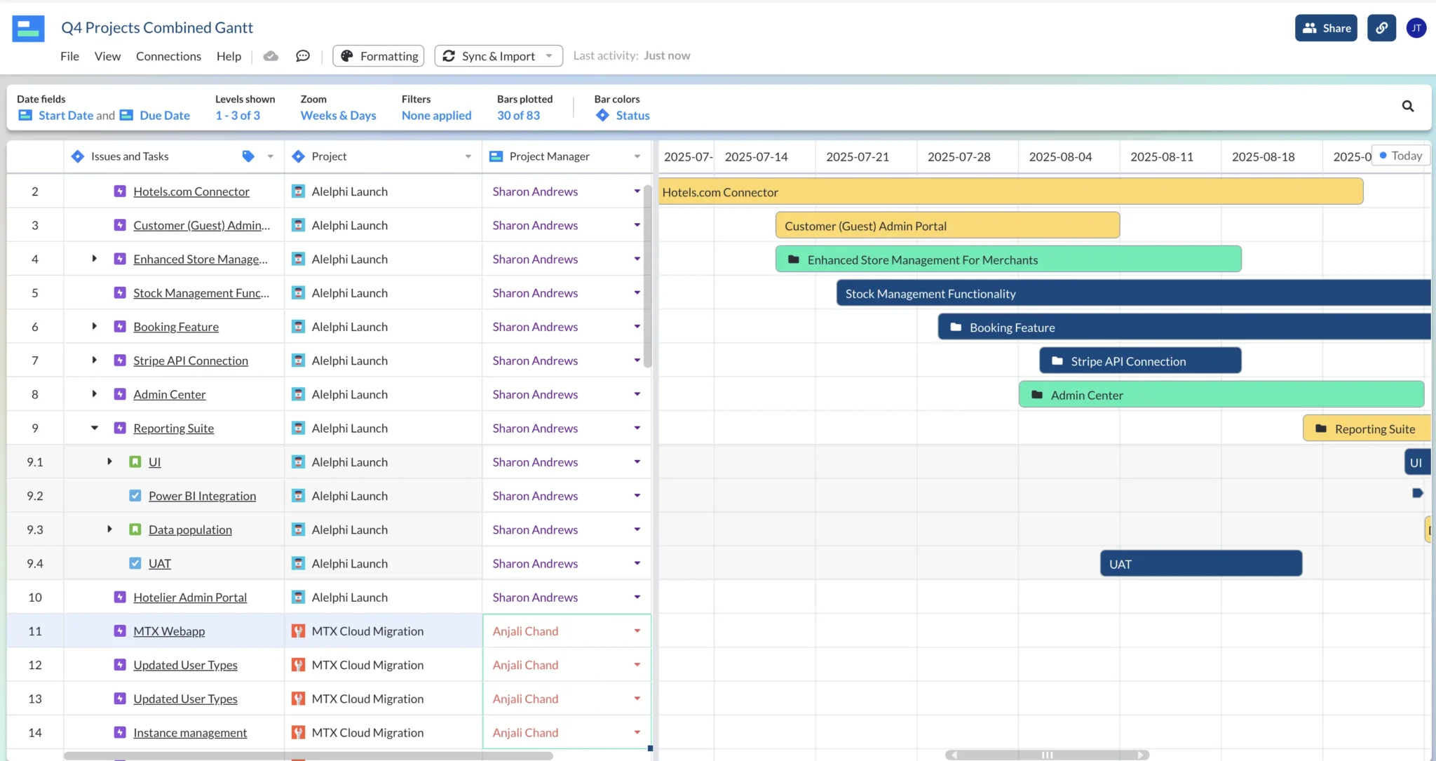 A Gantt chart for multiple projects created in Visor, using multiple projects from Jira and color coded bars based on task status