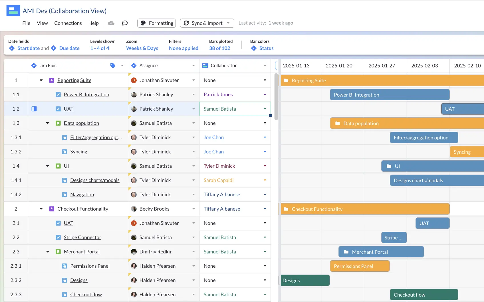 A Gantt View in Visor for a Jira project, with Collaborator and Program Coordinator fields.