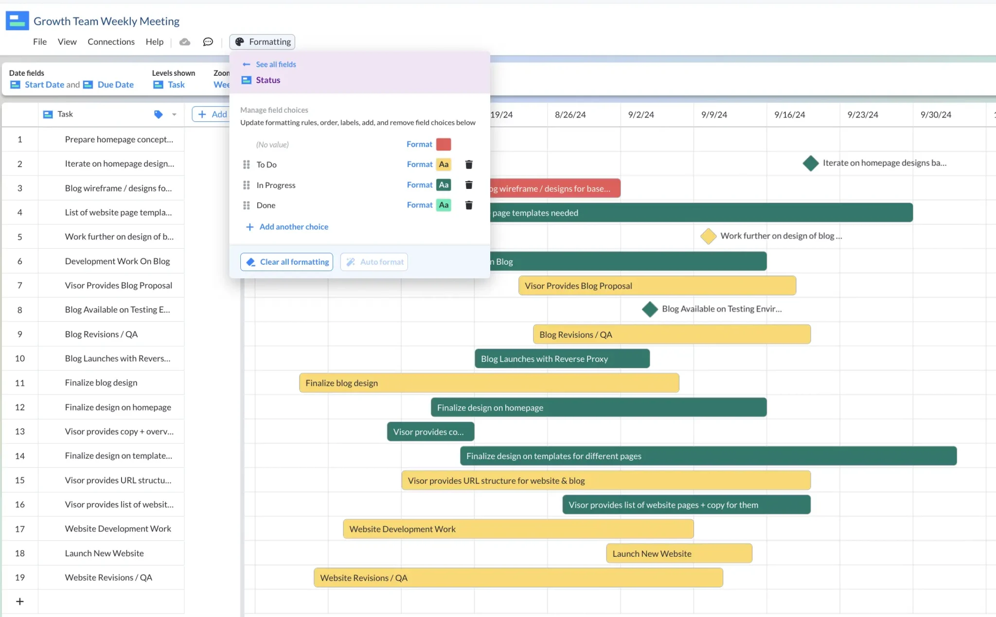 gantt chart step 5: select conditional formatting to color code your chart