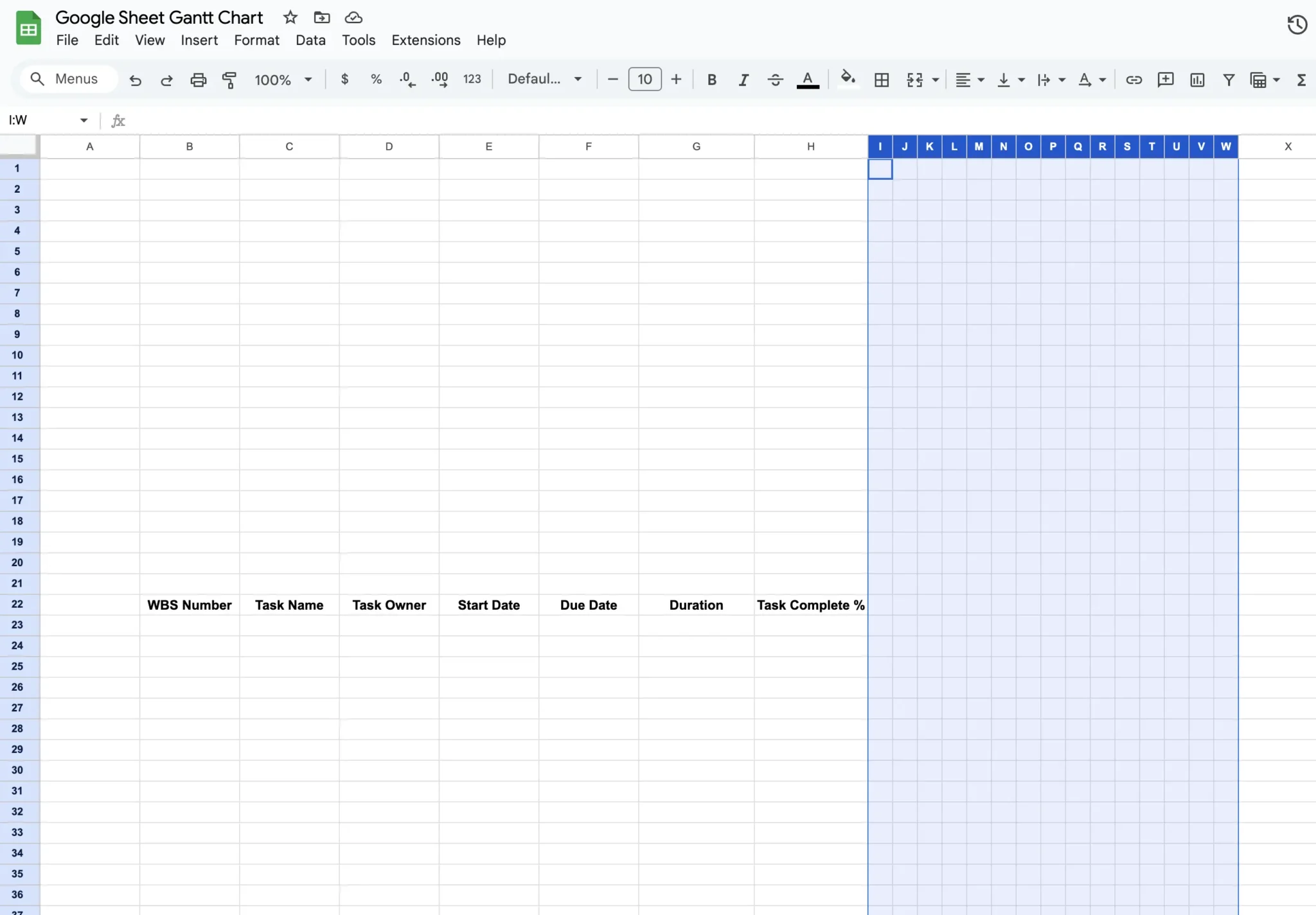 Showing correctly sized timeline, or grid section of an otherwise blank Google Sheets Gantt chart