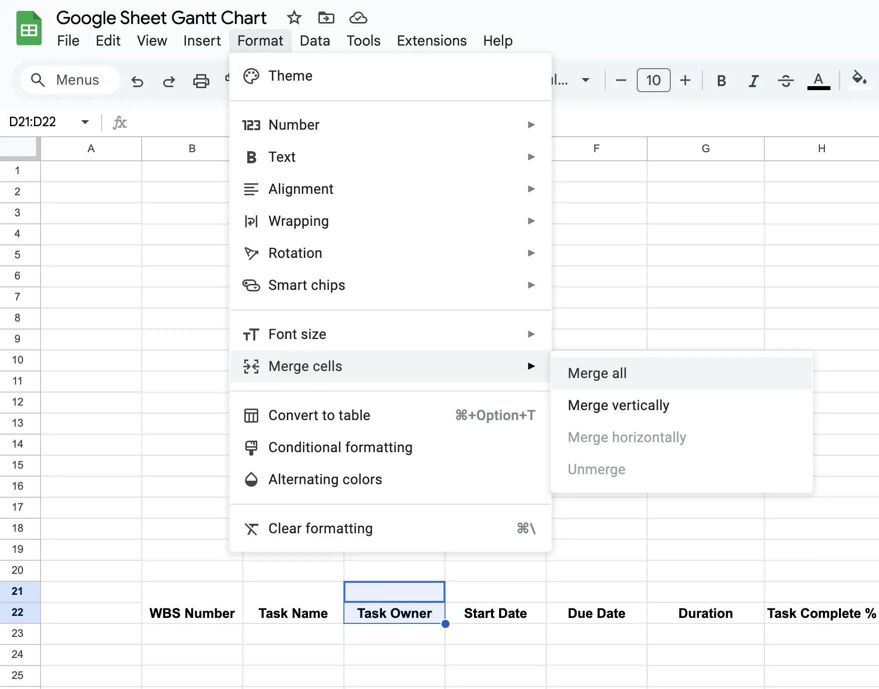 Merging the cells that represent Gantt chart column headings in a Google Sheet Gantt chart.