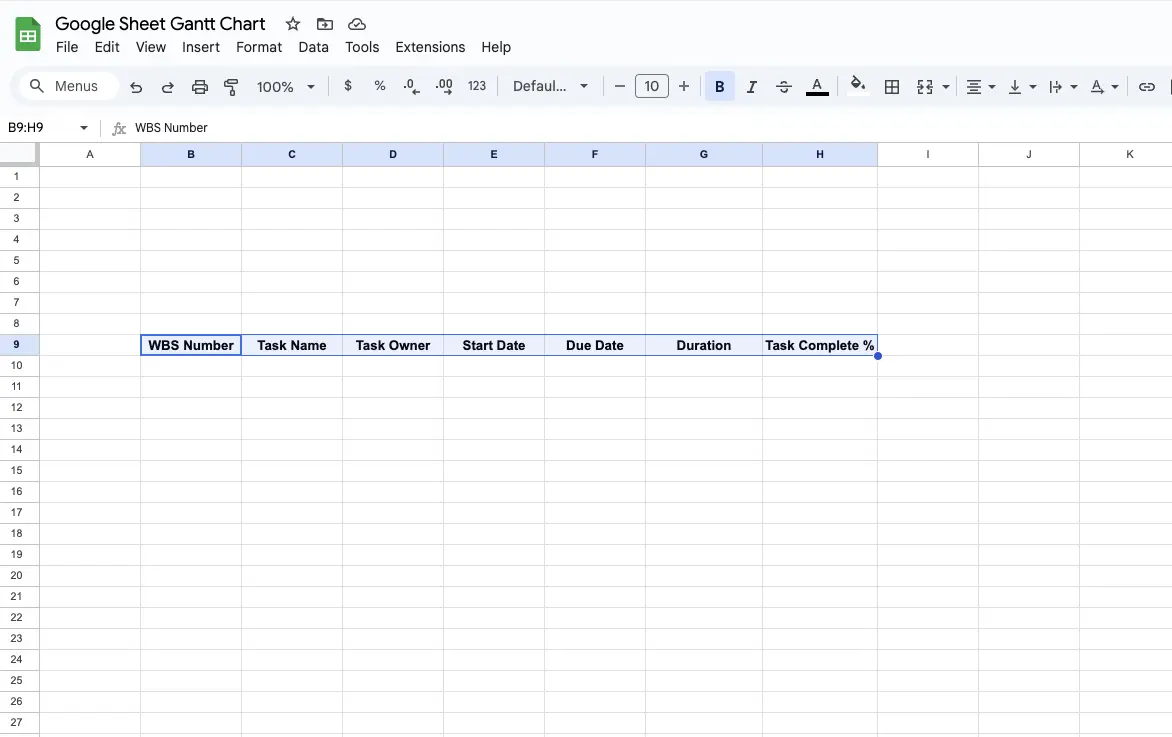 Adding Gantt chart columns, the first step of creating a Gantt chart in Google Sheets, columns used are WBS number, task name, task owner, start date, due date, duration, and task complete percentage.