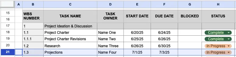 First part of the setup of a "Task Blocked" column in a Google Sheets Gantt chart, to indicate where one task is blocked by a task it is dependent on, the latter task must be completed for the Blocked flag to be removed.