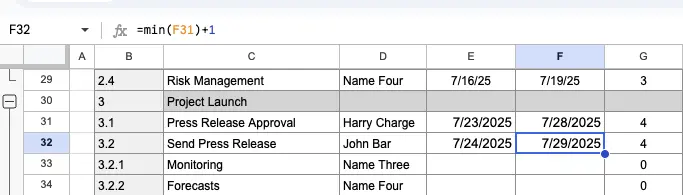 Adding a formula to a cell in a Google Sheets Gantt chart to create dependencies, where one task can only be completed once another has also been completed.