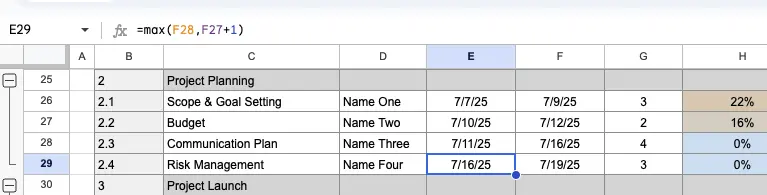 Adding a formula to a cell in a Google Sheets Gantt chart to create a simple dependency relationship between one task and another, based on start and end dates.