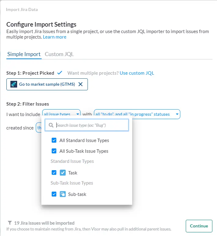 Configure Import Settings screen, with a project selected. User has a dropdown menu open indicating how they plan to filter their import.