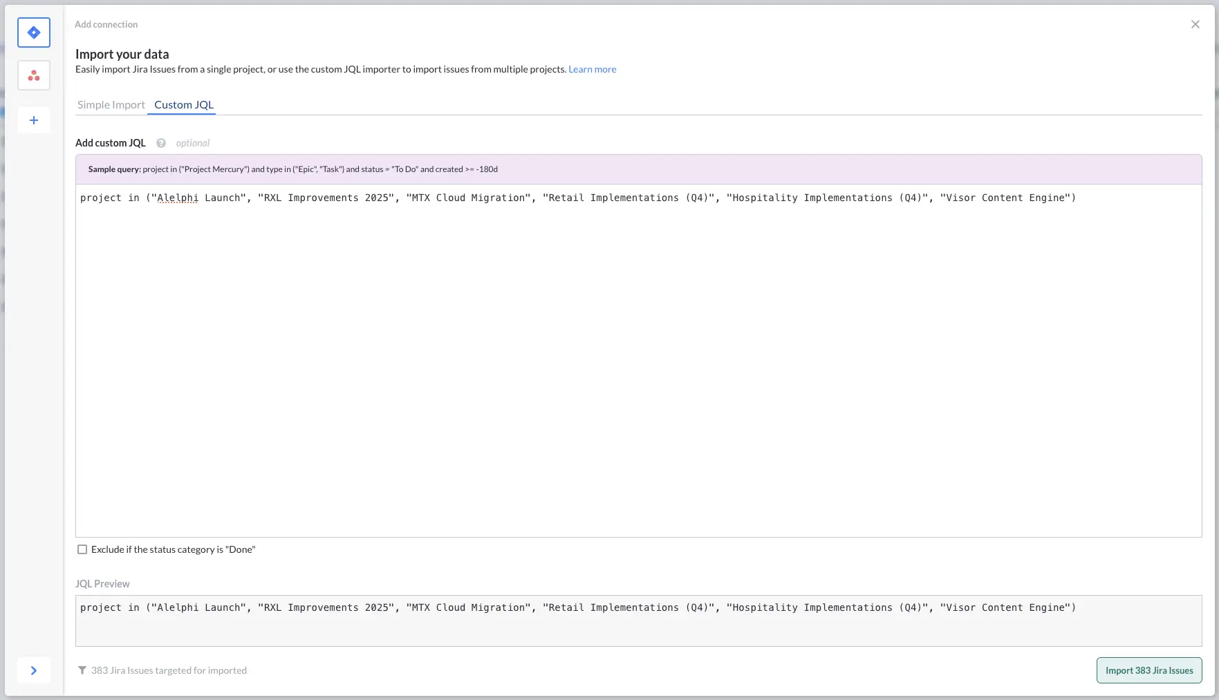 Using JQL in Visor's Jira importer to add multiple projects to a Gantt chart