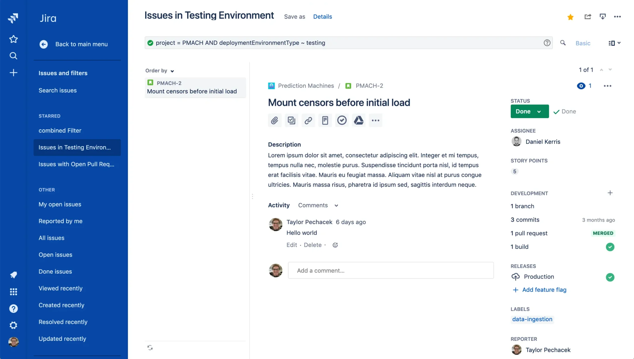 View of issues in testing environment in Jenkins for Jira (a Jira testing/QA tool).