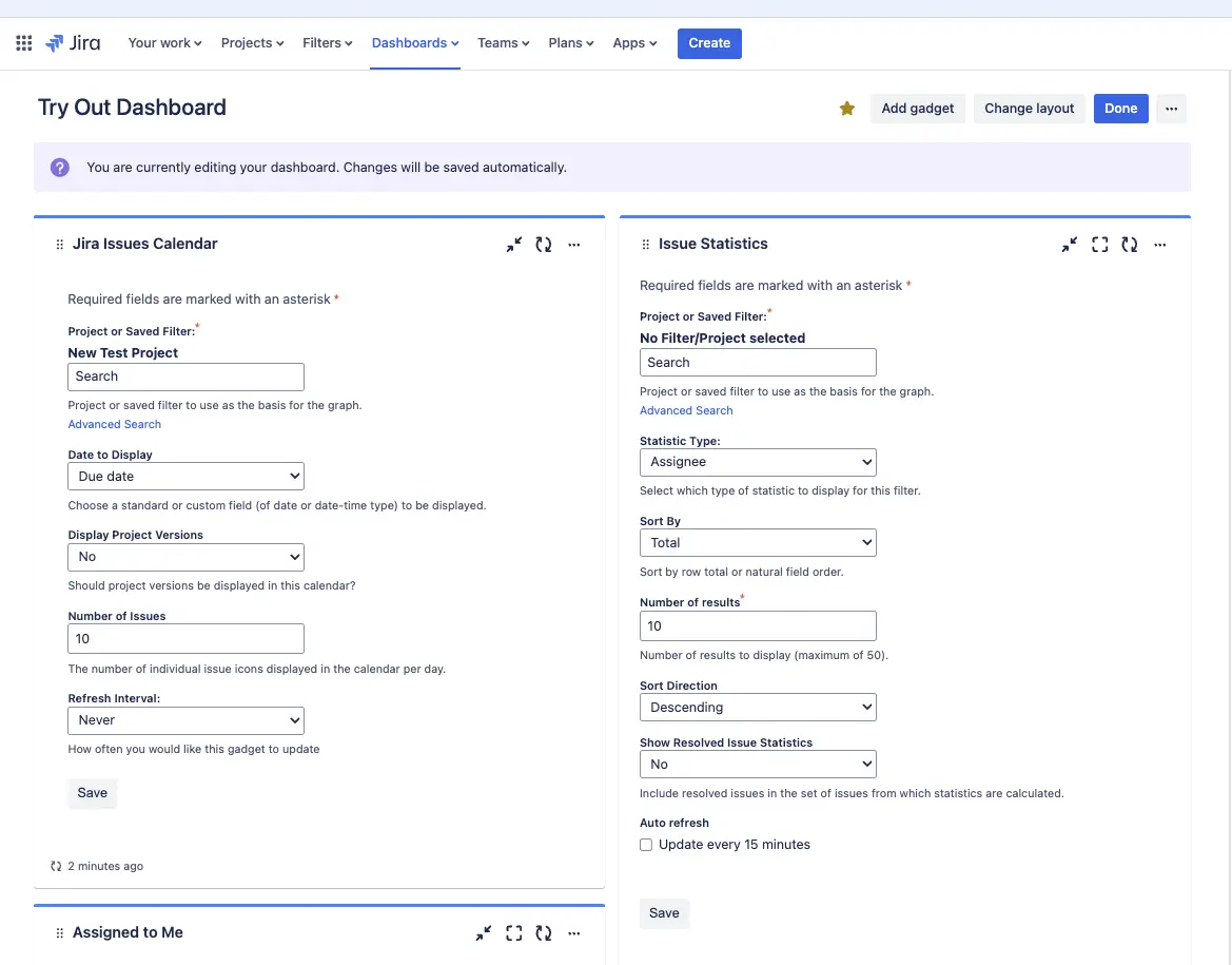 Jira dashboard gadget configuration menus