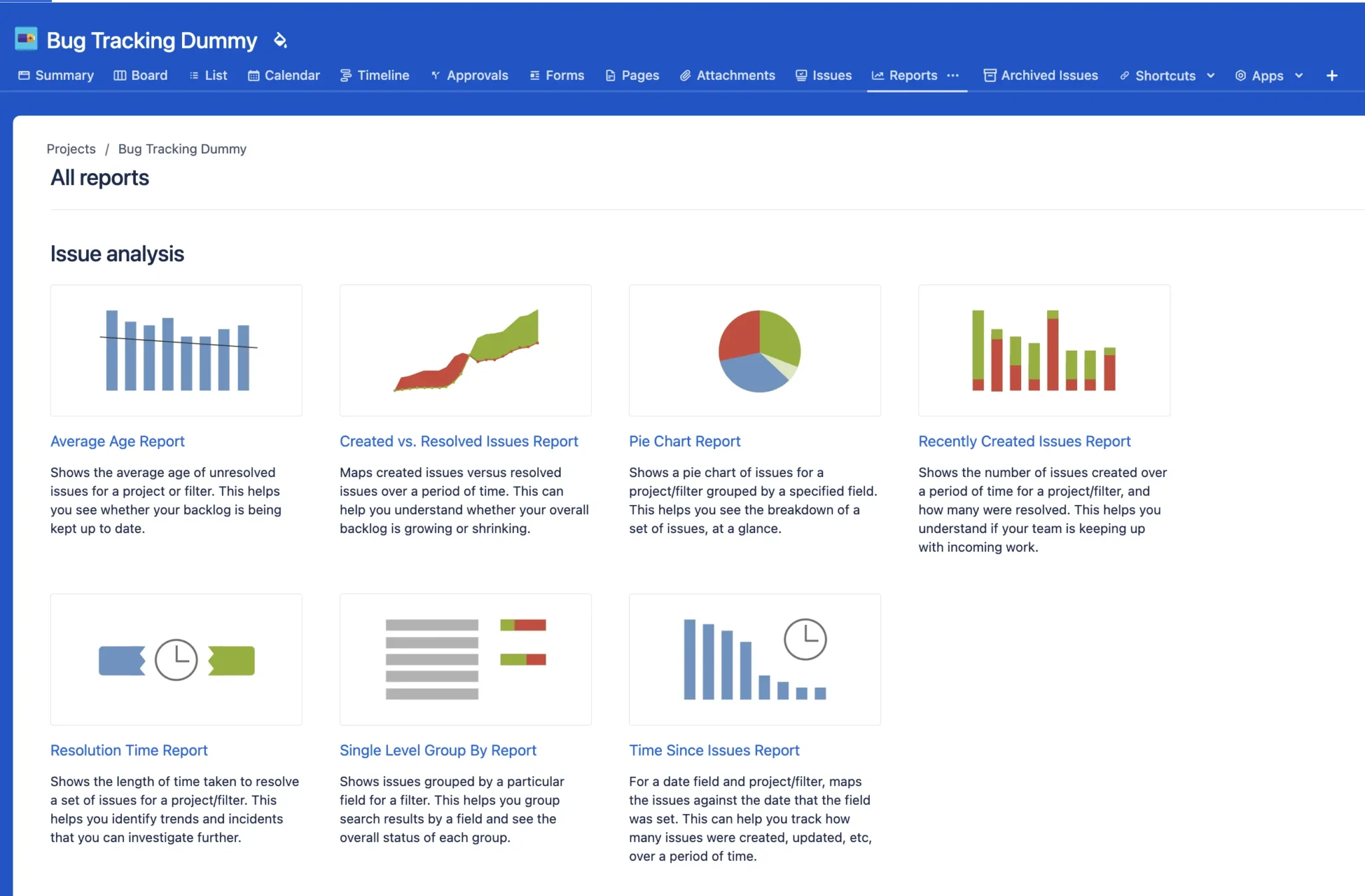 The Project Reports selection screen in Jira