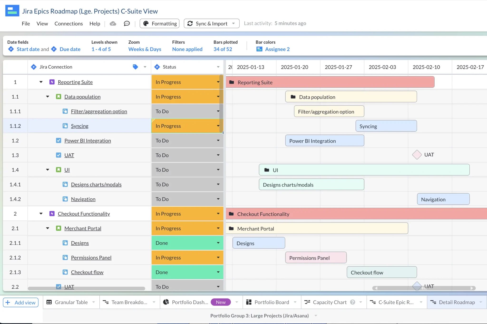 Jira roadmap featuring multiple projects, with their epics, tasks, stories, and subtasks.