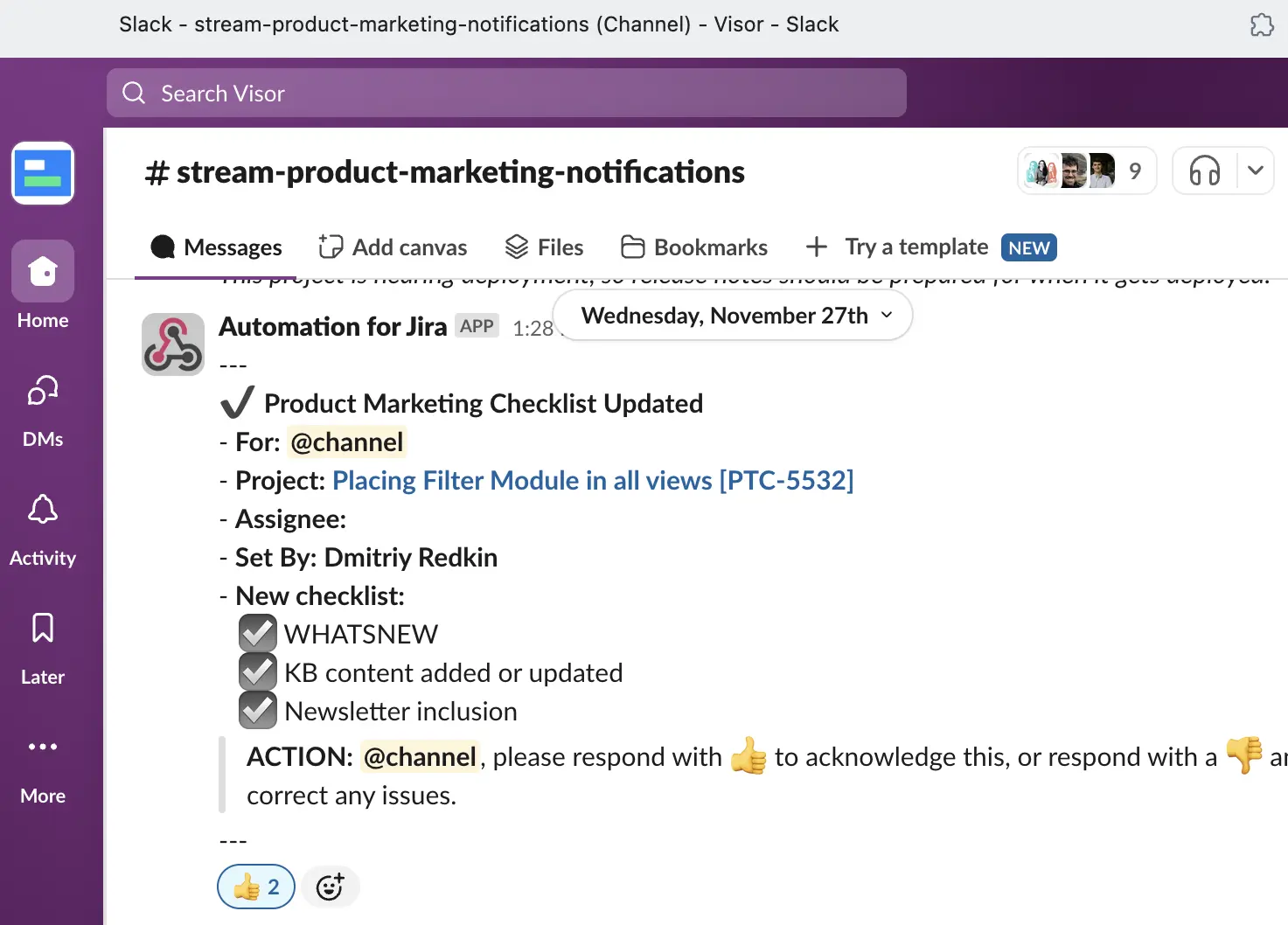 jira slack automation notification for visor's product marketing team