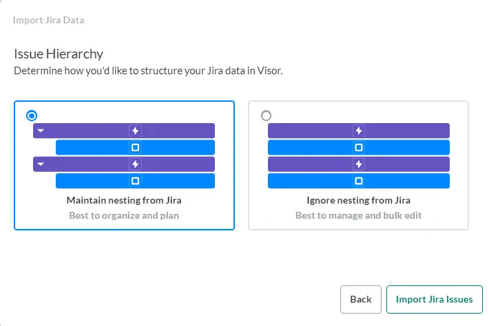 Jira issue hierarchy in Visor