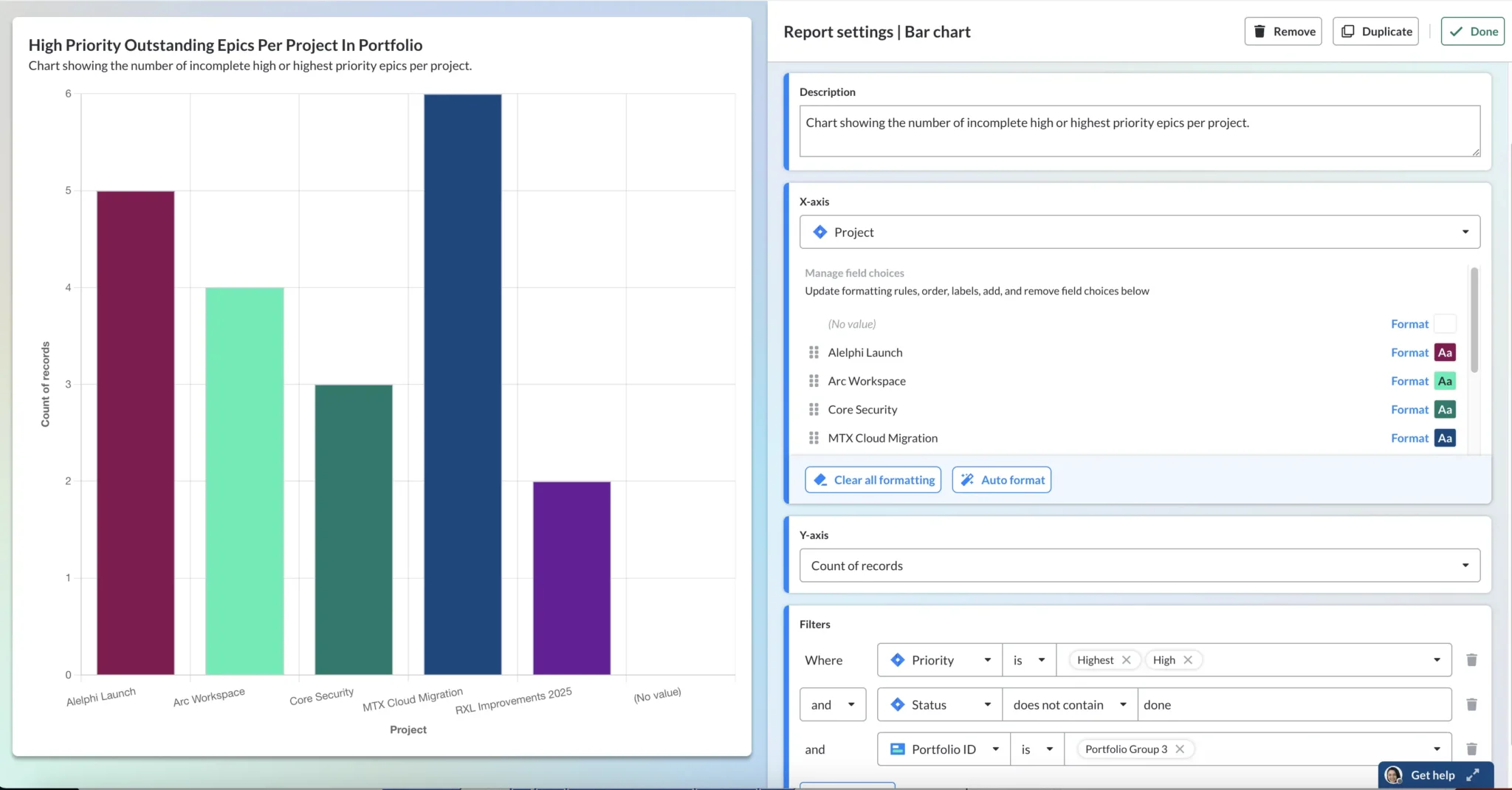 Setting up a portfolio-level chart for Jira data in a Visor dashboard.