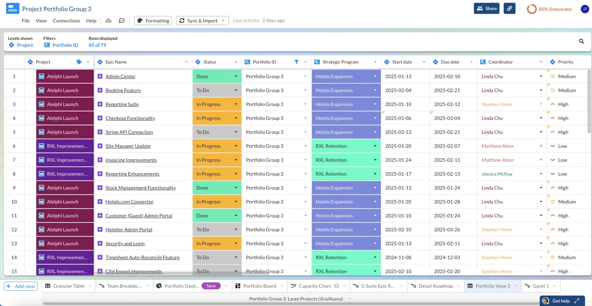 Jira data in a Visor table view with project categorization information. 