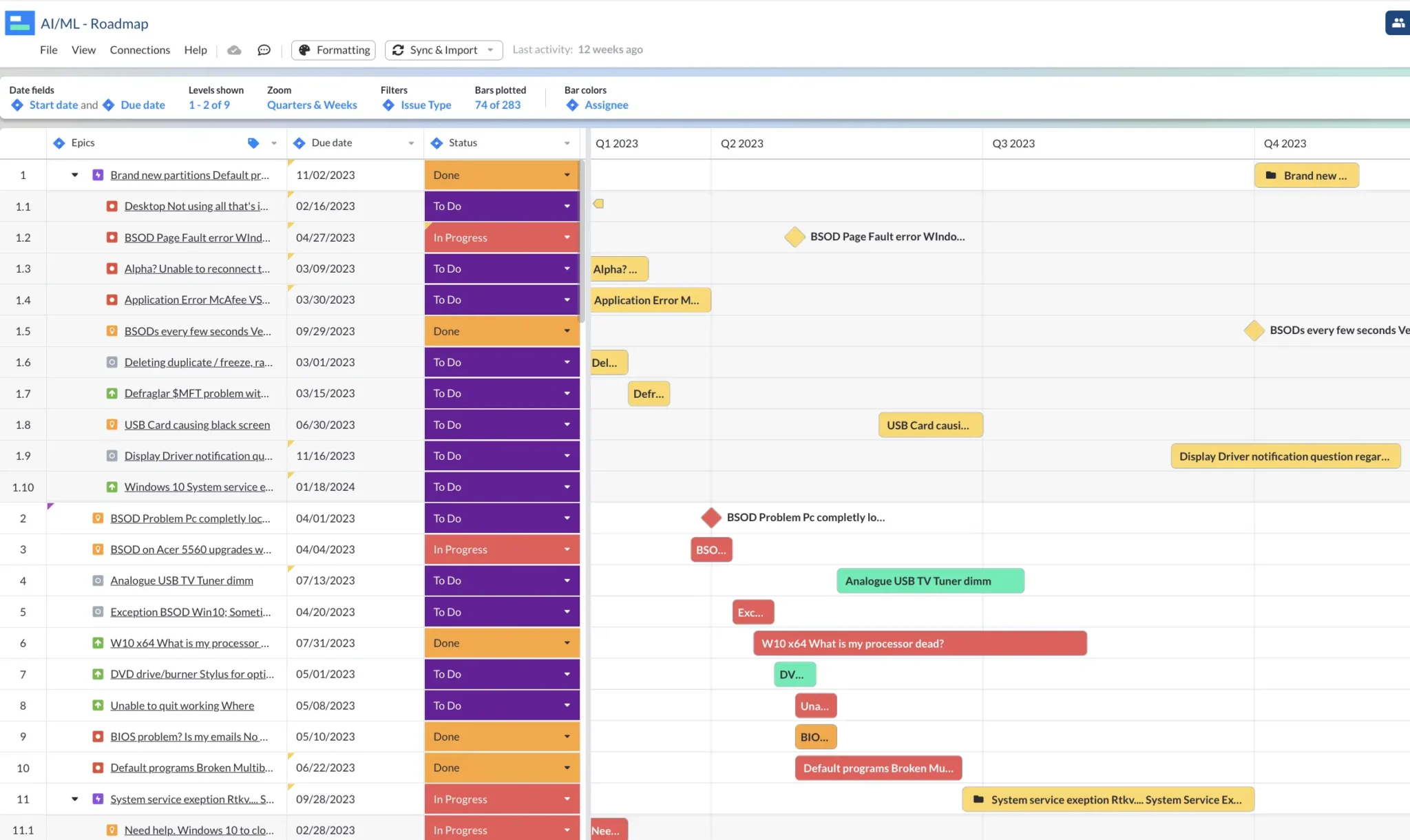 A detailed, colorful product roadmap in Visor, showing tasks below the Jira Epic level