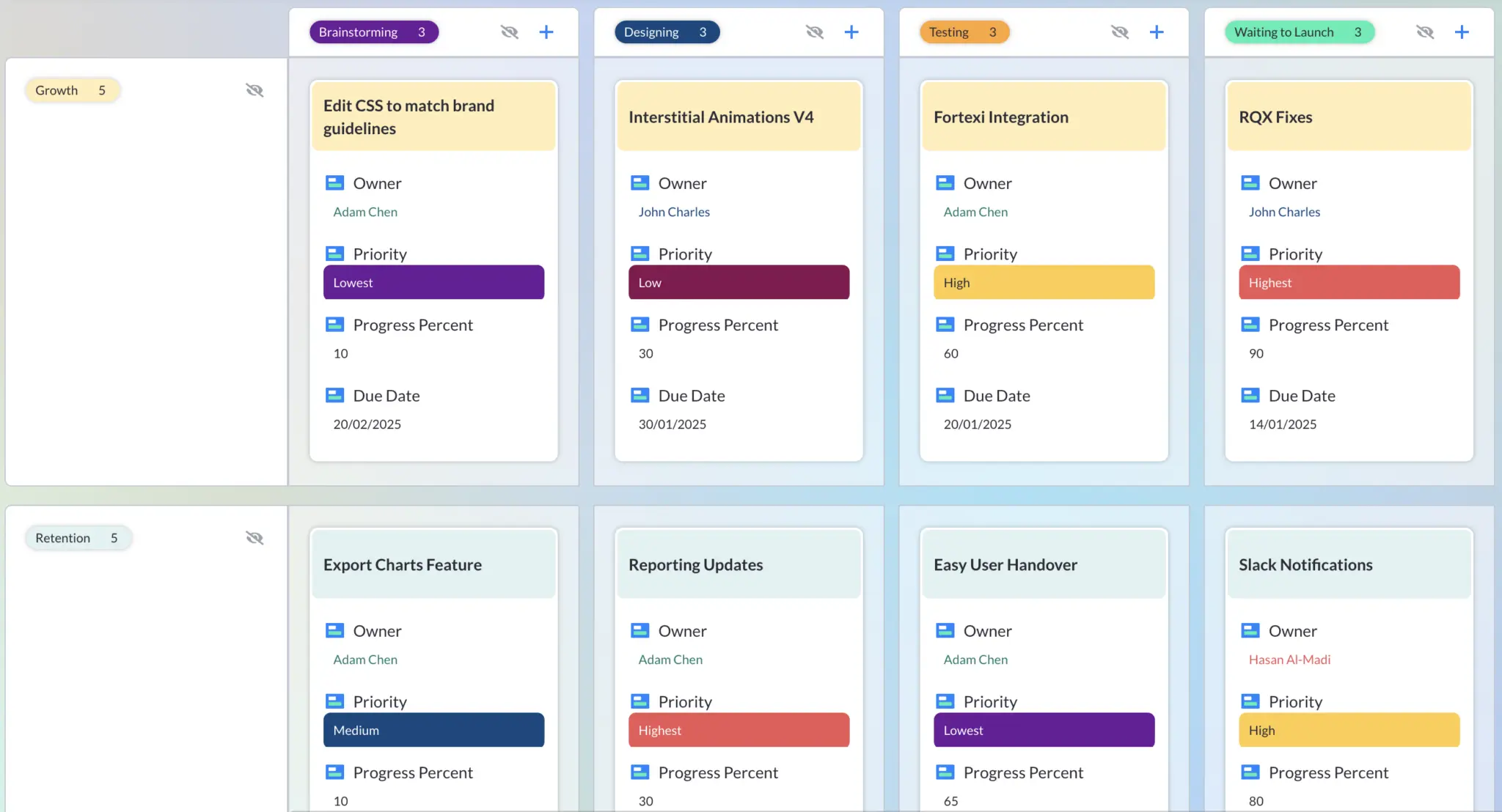 Kanban board with swimlanes, in Visor's board view, using the strategic theme as the swimlane field.